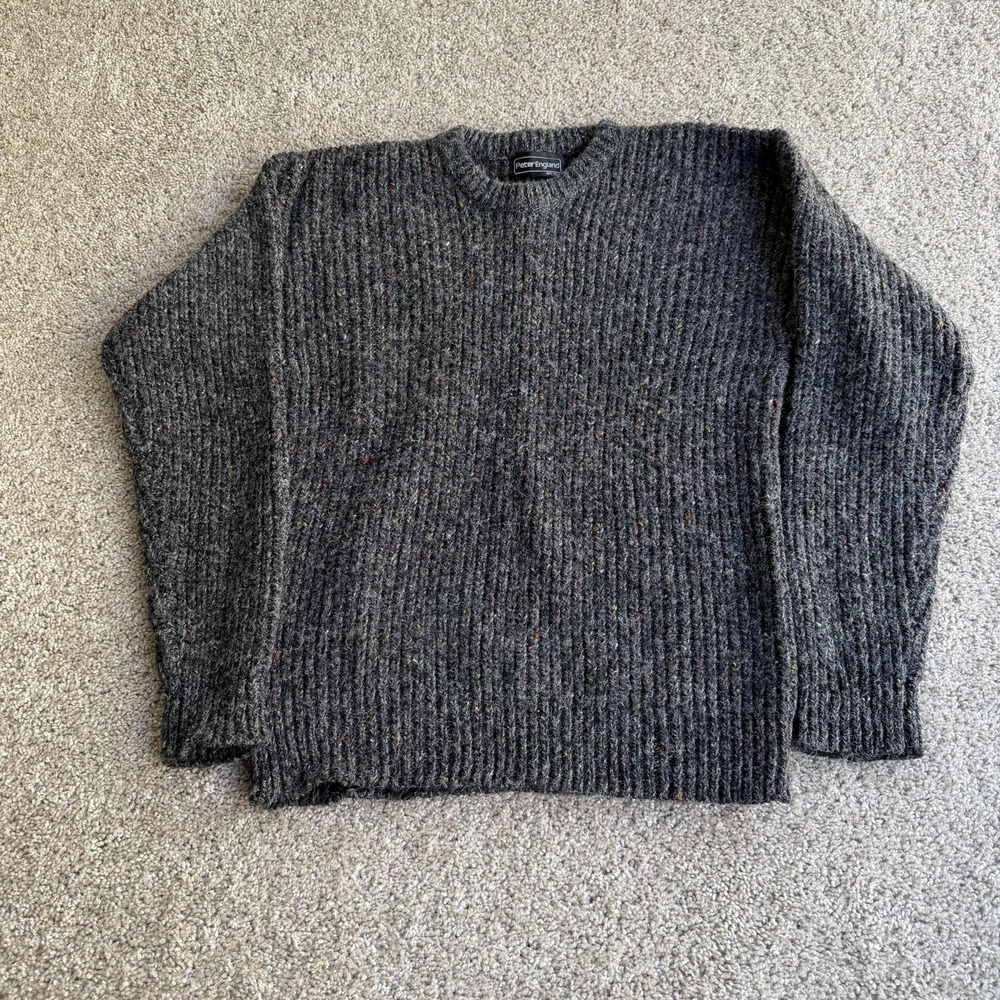 Vintage Peter England Sweater Mens Small Gray Wool Blend Chunky Knit Pullover